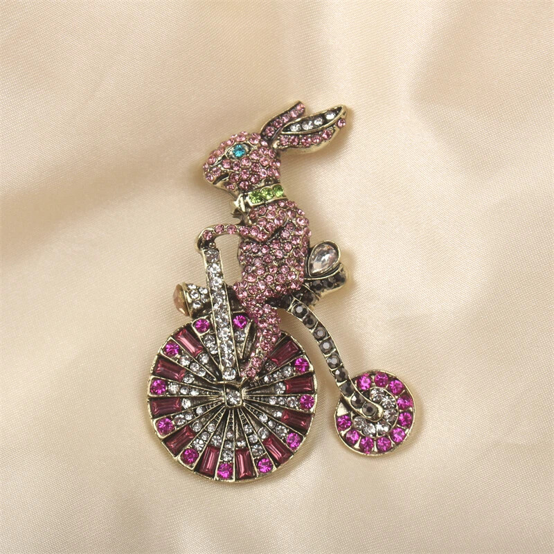 Colorful Bunny Bike Pink Sweet Vintage Brooch Luxury Rhinestone Animal Pins