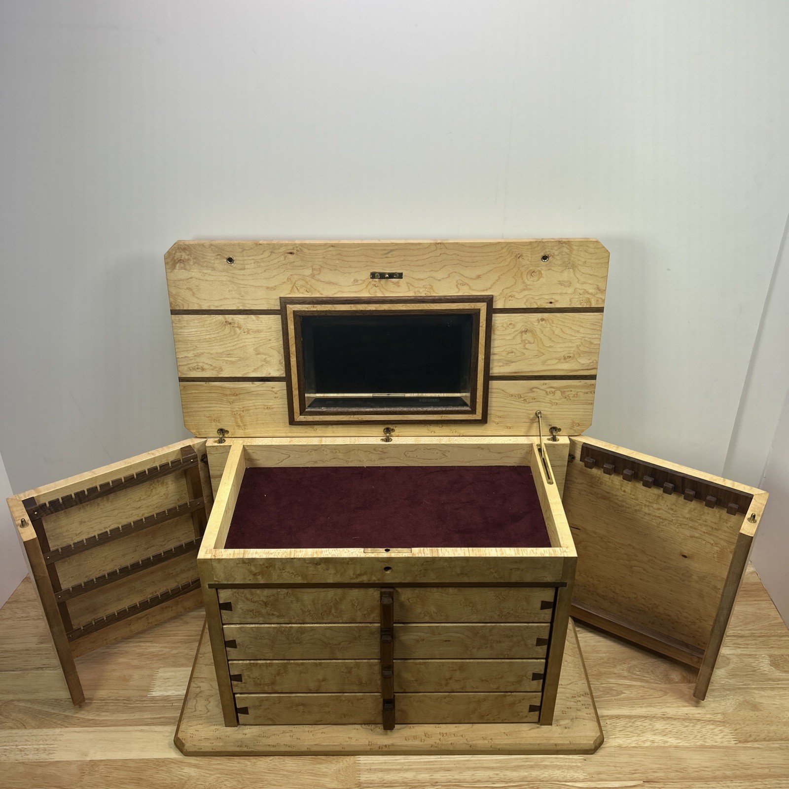 Jewelry Box Handmade Artisan Birdseye Maple Walnut Accent Inlay Lined Dovetail