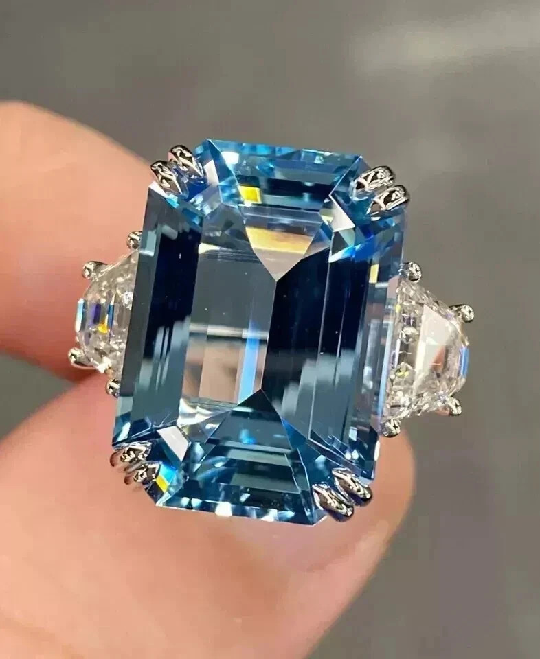 5Ct Emerald Cut Lab Created Blue Topaz Engagement Ring In 14k White Gold Plated
