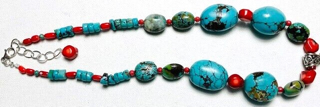 Handcrafted Turquoise & Red Coral Bead Sterling Silver Nepal Pendant Necklace