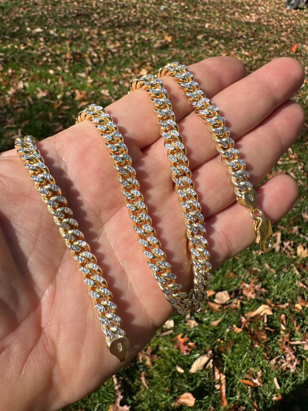 Miami Cuban Chain Bracelet Diamond Cut Two Tone 14k Gold Plated Real 925 Silver