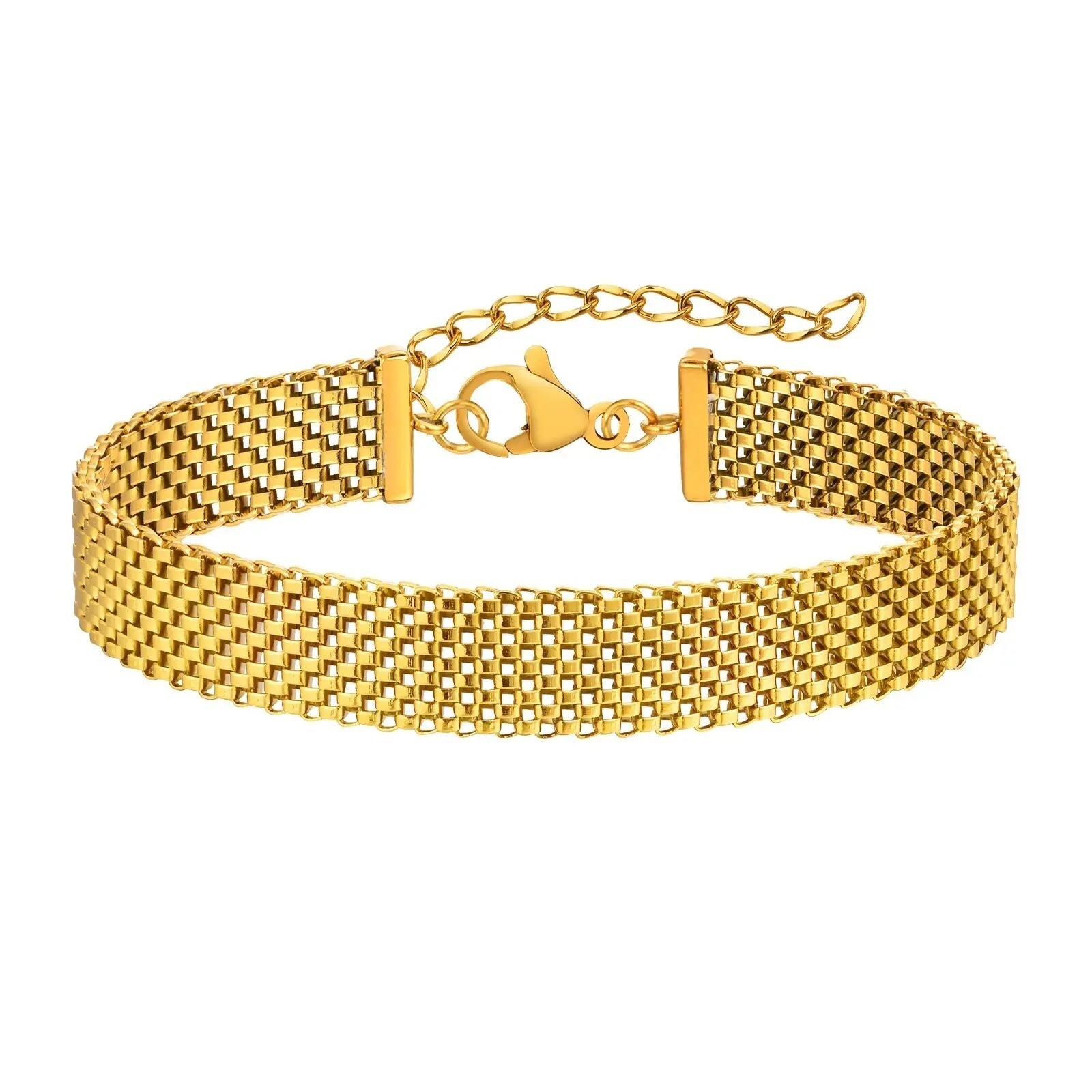 Women’s Gold Tone Wide Mesh Chain Bracelet Stainless Steel Adjustable Lobster