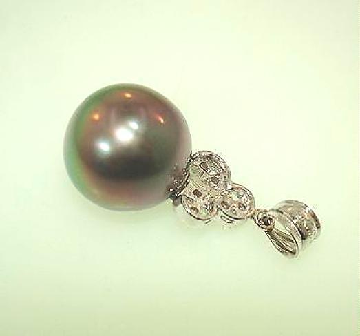 14k White Gold 12.2mm 13.04Cts Black Tahitian Pearl 0.06Cts Diamond Pendant #1