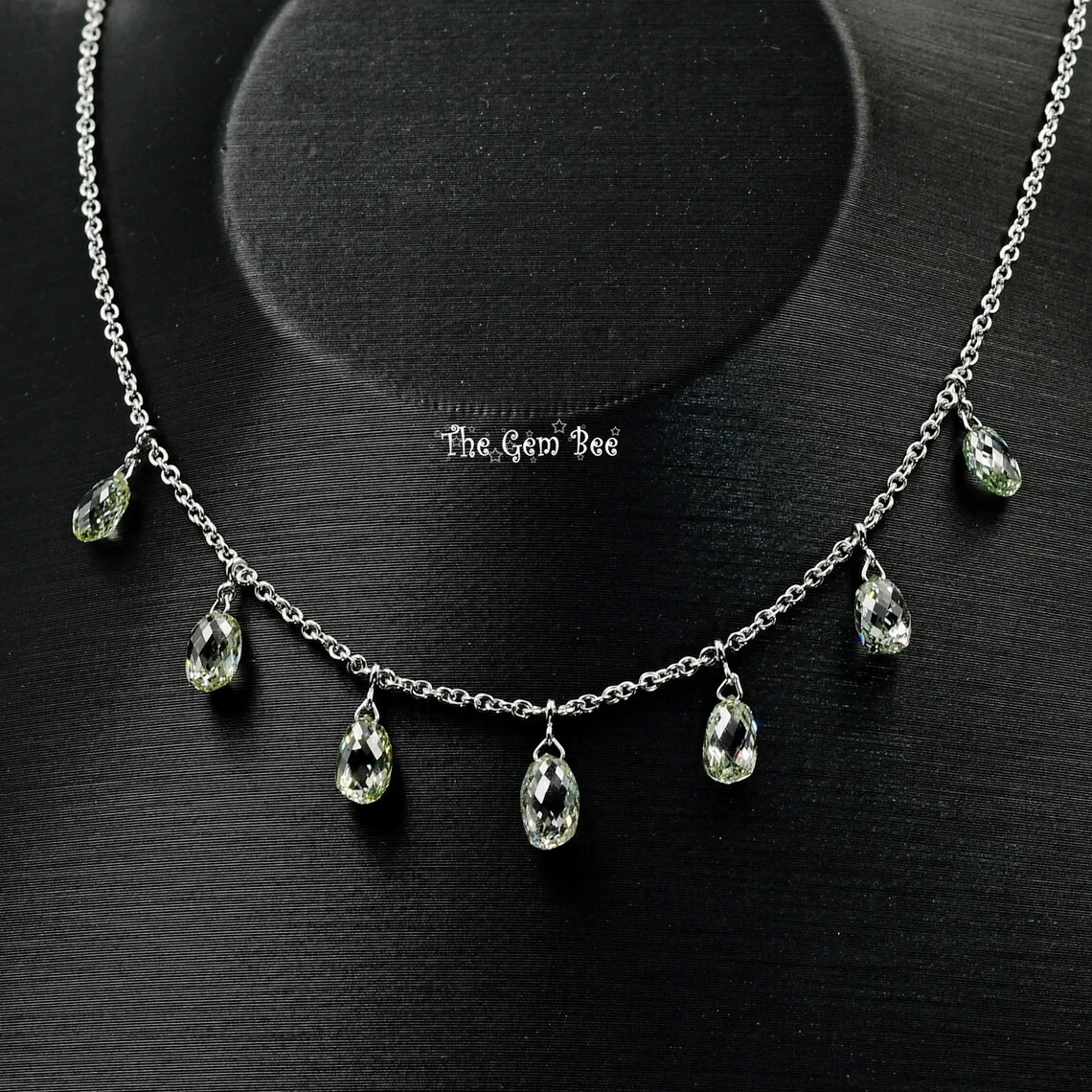 3.17CT Fancy Green Diamond Briolette Bead 18k White Gold Adjustable Necklace 18″