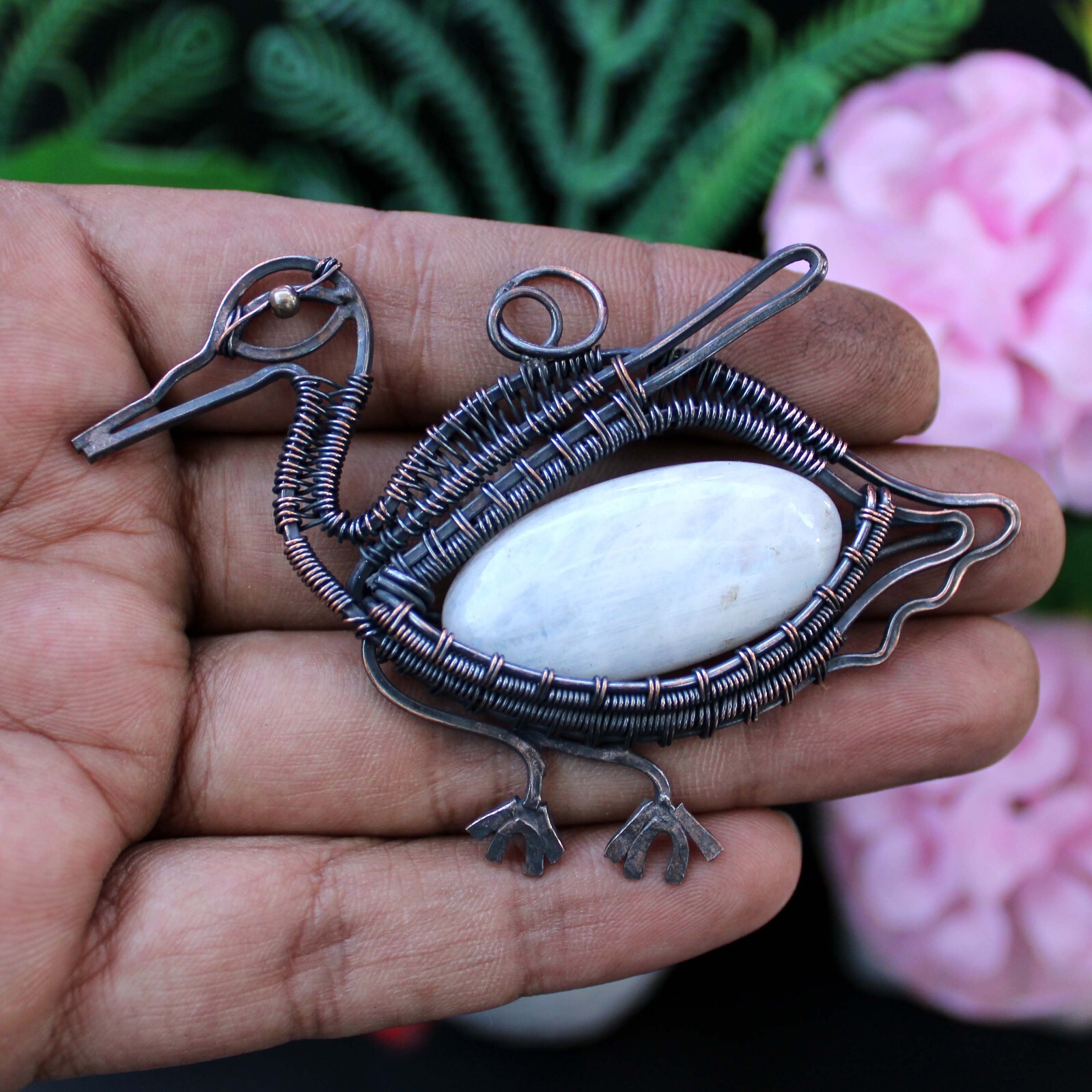 Rainbow Moonstone Jewelry Gift For Sister Copper Wire Wrapped Bird Pendant