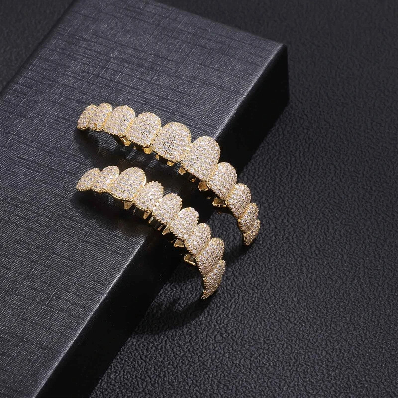 Real 14K Gold Plated Hip Hop Grills Top Bottom Set 5A+ ICED CZ Out Teeth Grillz