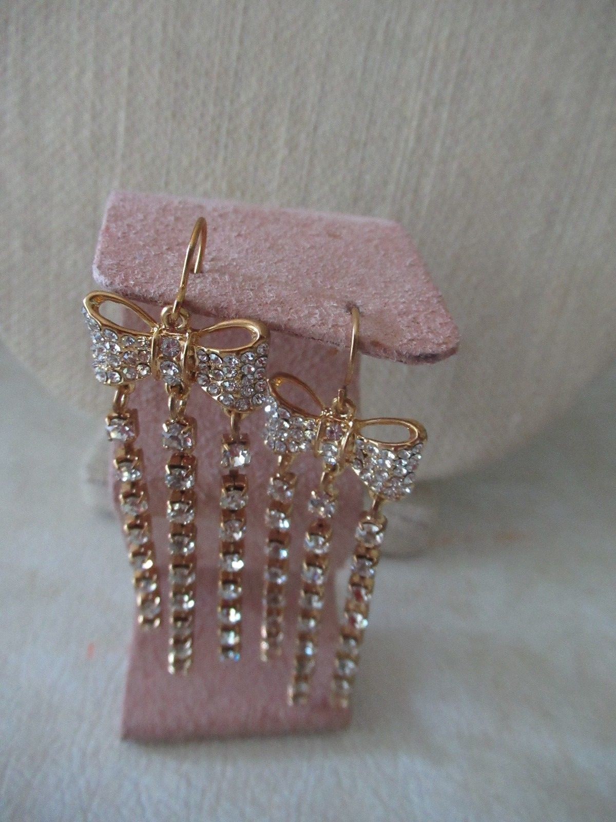 NWT ABS Gold Tone Pave Bow Tie Drop Earrings/ 3 Linear Rhinestone Strands-$55