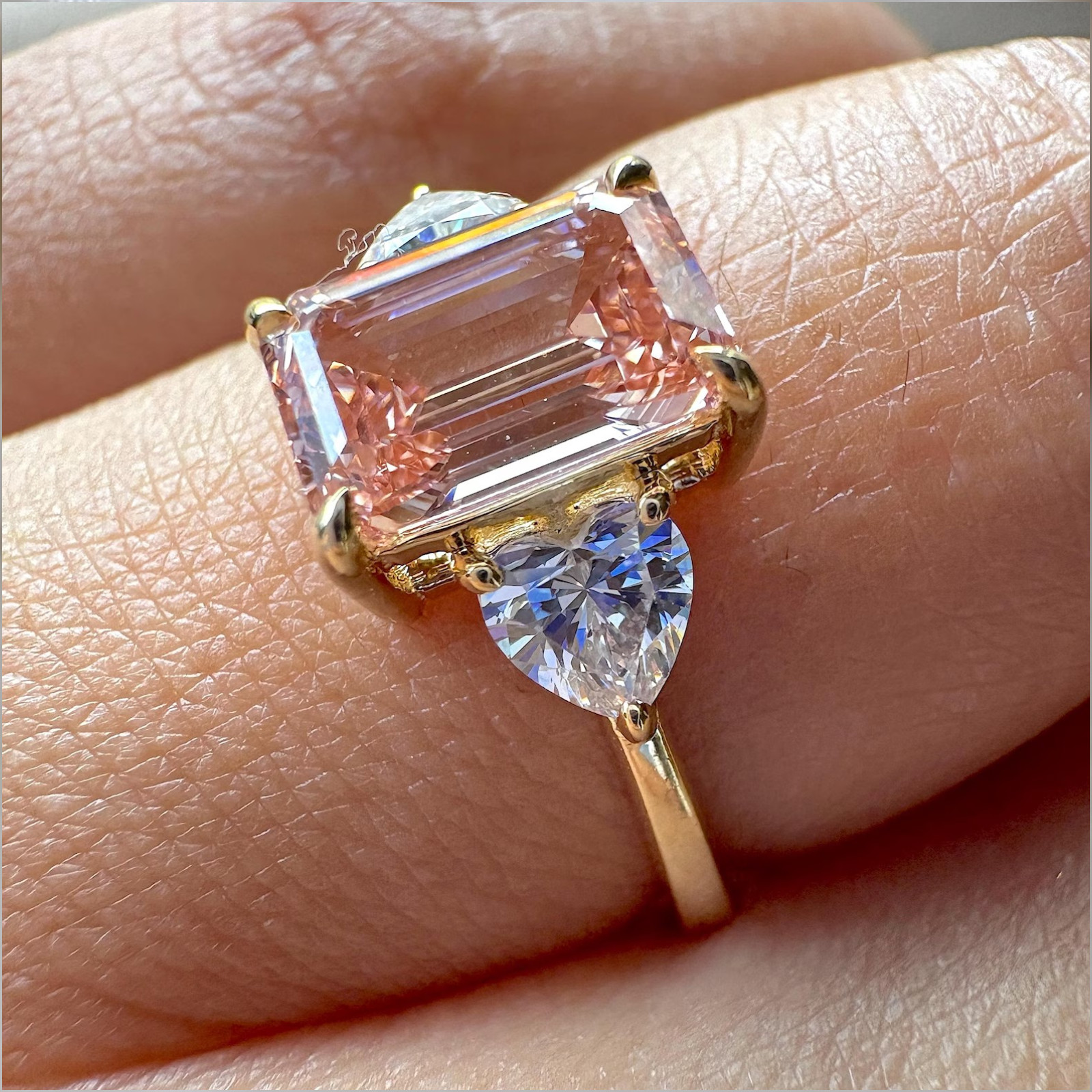 Fancy Intense Pink Diamond Ring Emerald 6.00 Carat IGI Lab Grown 18K Yellow Gold