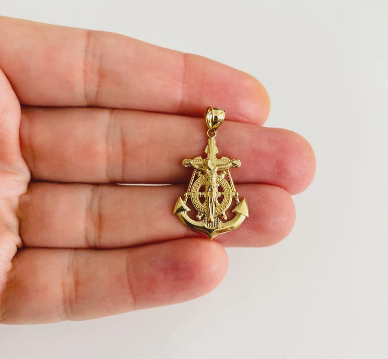 14K Solid Gold Anchor Pendant, 31mm/ 1.2″ Real Gold Jesus Christ Anchor- PT1229