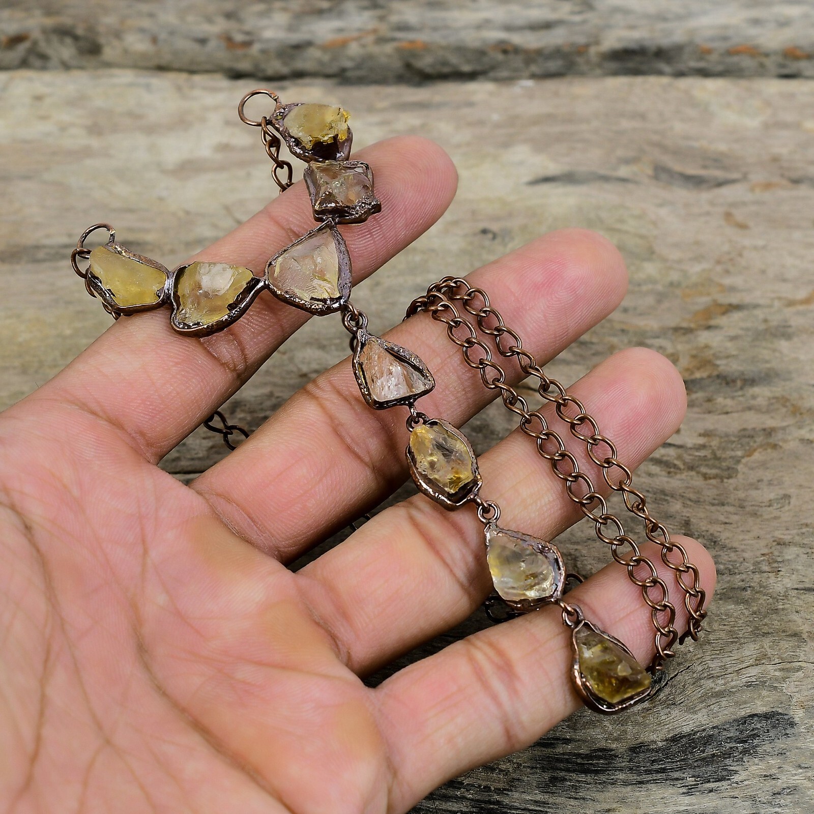 Citrine Rough Copper Love Gift Electroformed Chain Adjustable Necklace 18.0″