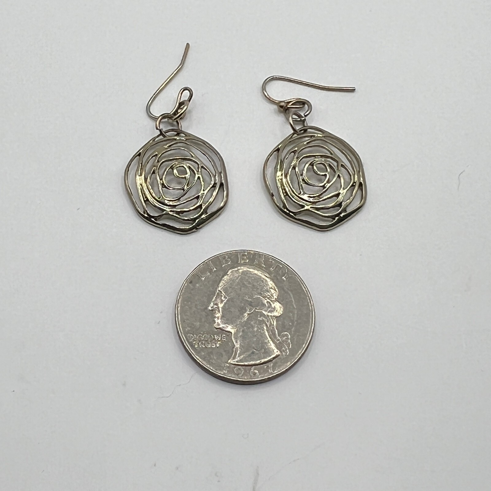 Pierced Earrings Rose Flower Silver Tone Hook Wire Dangle Drop