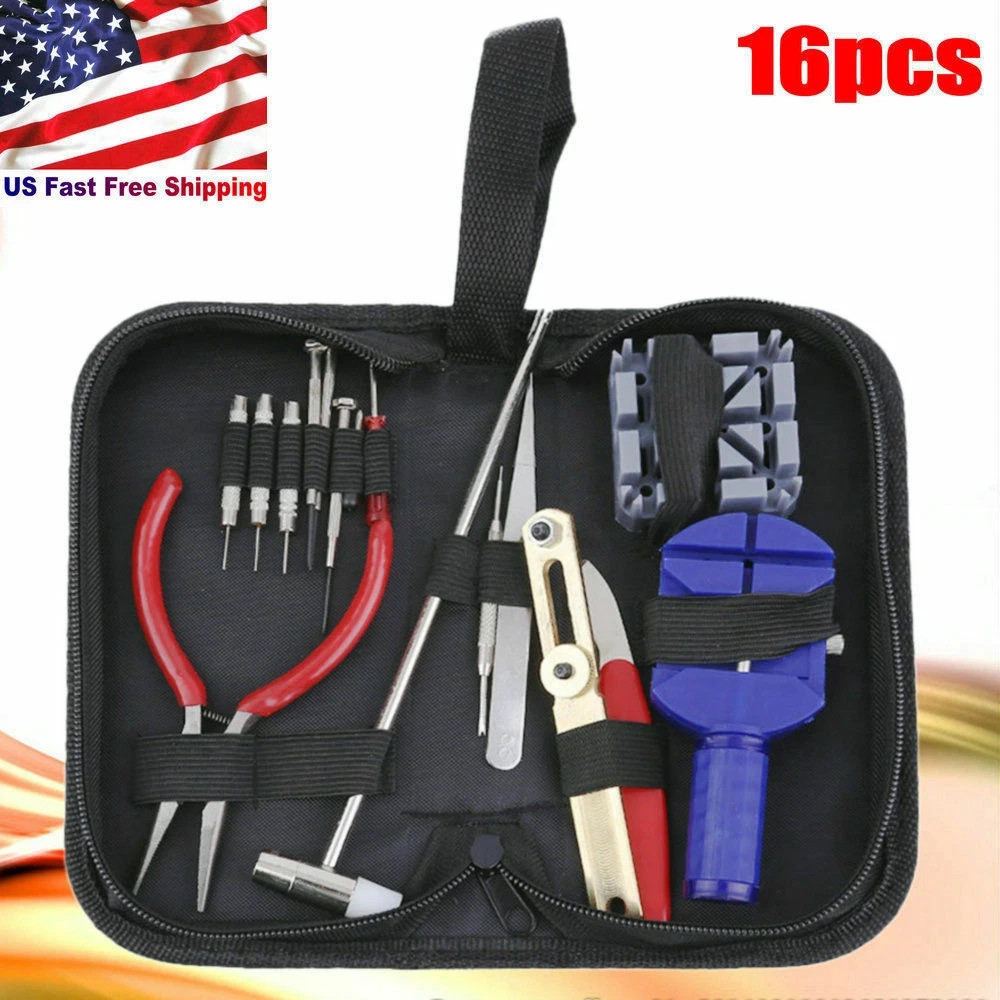16pcs Watch Repair Tool Kit Link Remover Spring Bar Tool Case Opener Set New US