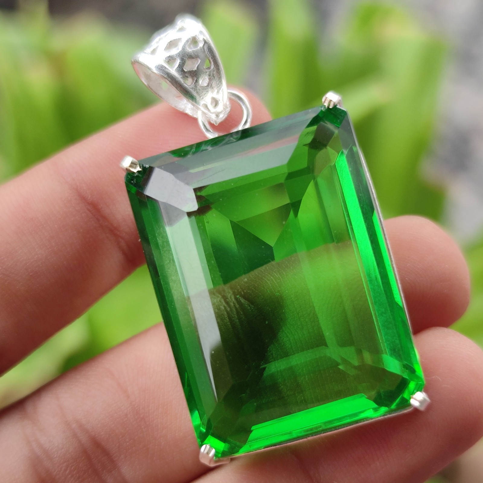 Natural 97.95 Ct Emerald Shape Green Topaz Gemstone Pendant 925 Sterling Silver