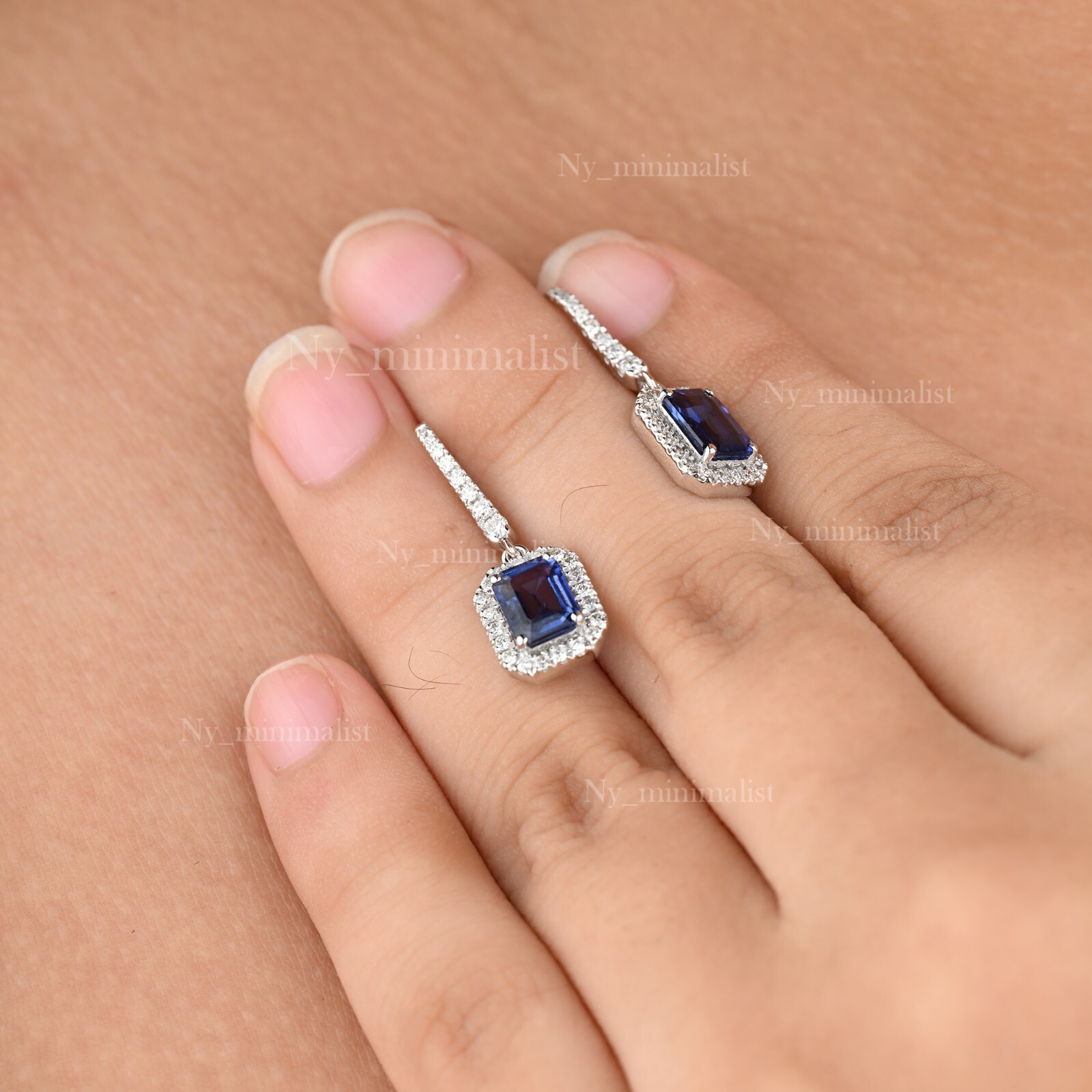 Lab Blue Sapphire Diamond Solid 18K White Gold Drop Earrings, Christmas Gift