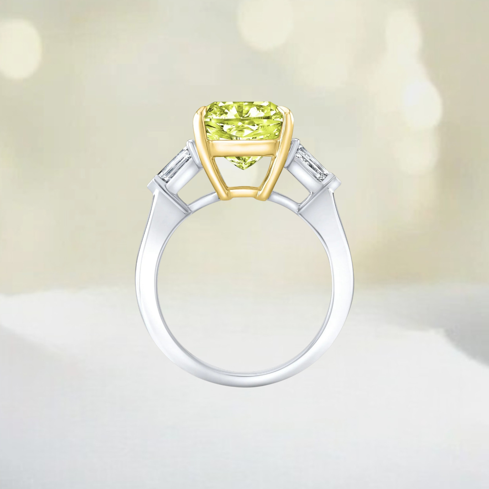 Fancy Vivid Yellow Diamond Ring 14K Multi Gold IGI Lab Grown 4.10 CT Cushion Cut