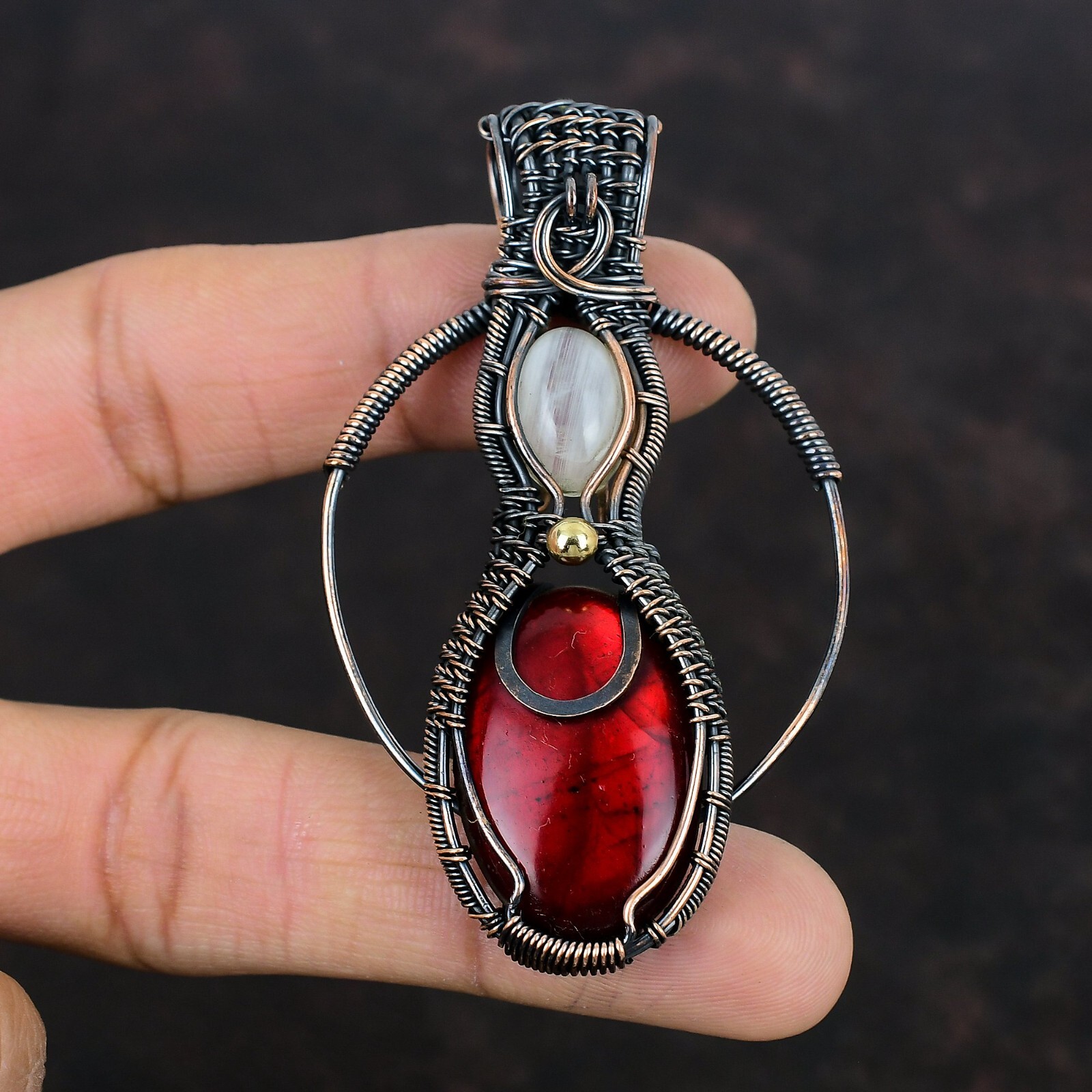 Gift For Her Red Fire Labradorite Wire Wrapped Pendant Copper Jewelry 2.95″