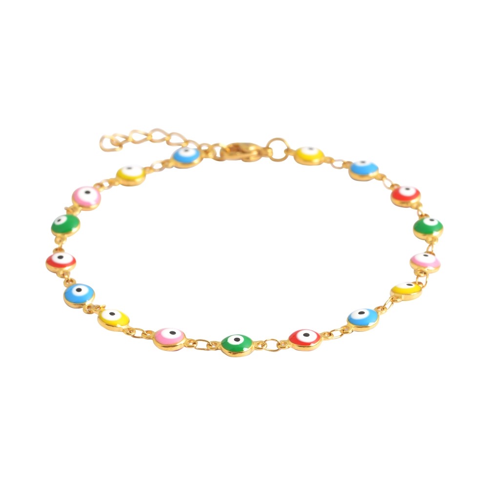 18k Gold Plated Multi-Colored Yellow Blue Red Green Pink Evil Eye Anklet, 9″+ 2″