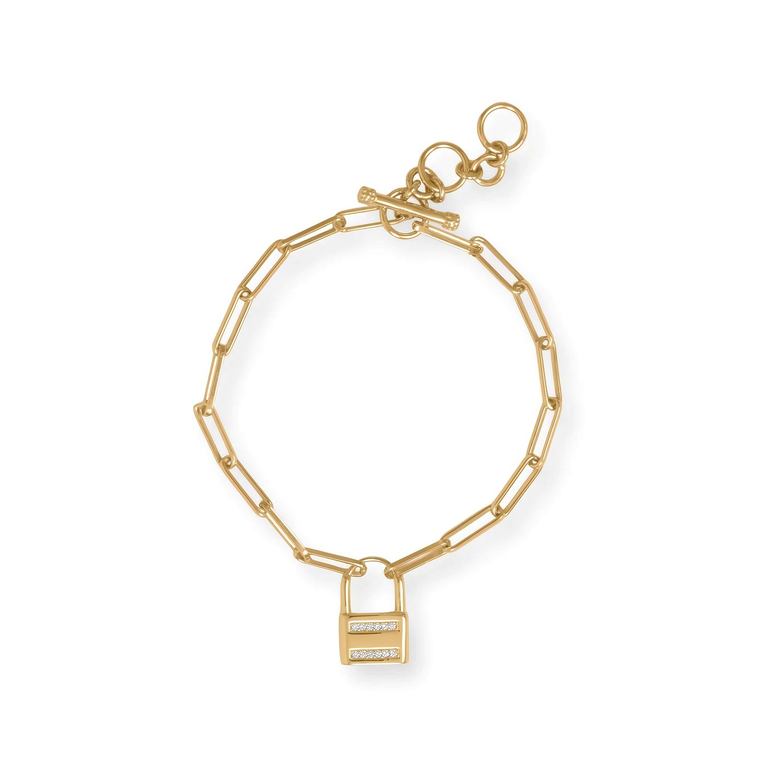 CZ Lock Charm Paperclip Chain Bracelet 14K Gold Plated 925 Silver 6.5-7.5in