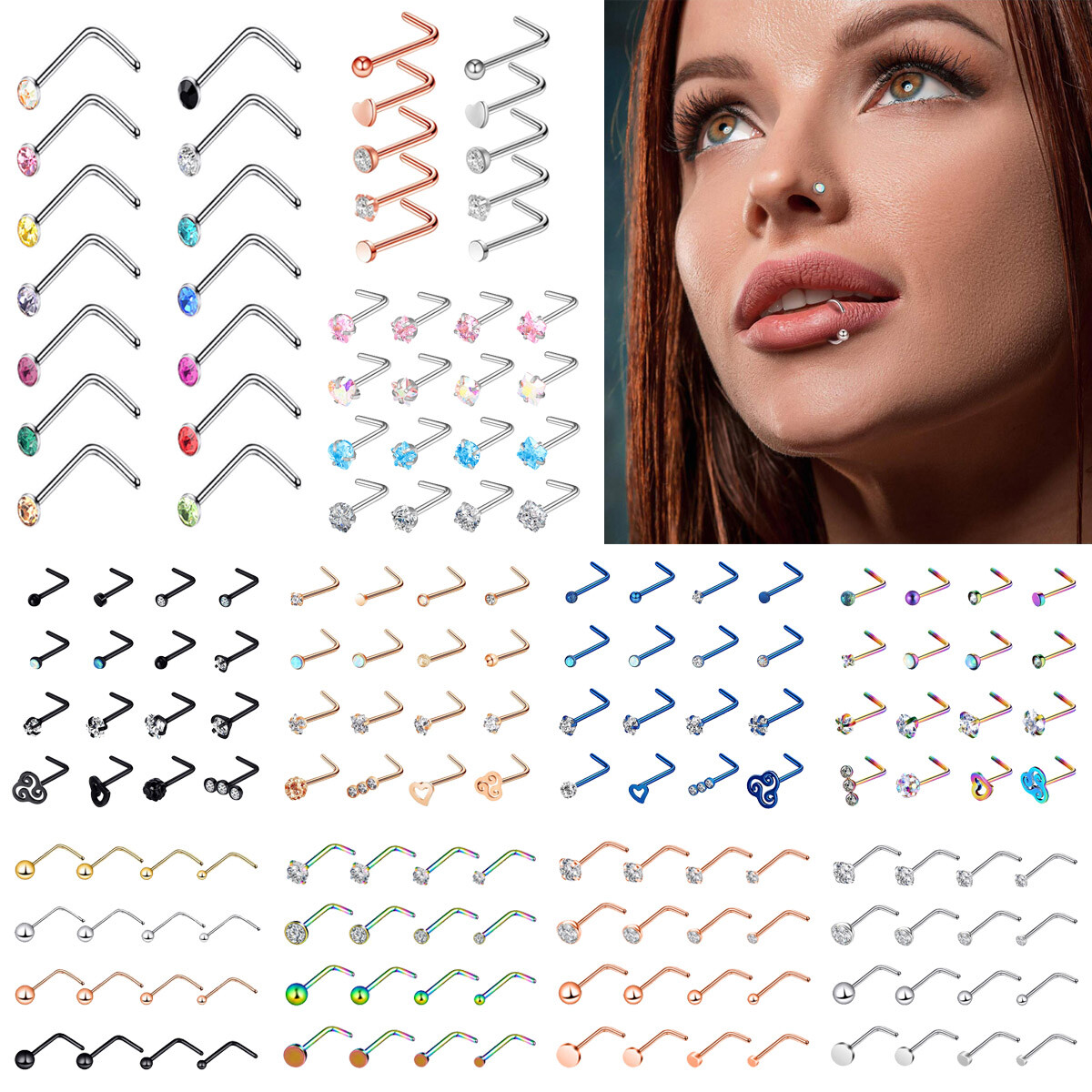 4-16PCS L Bend Nose Ring Stud 316L Steel CZ Daith Helix Ear Studs Piercing Kit