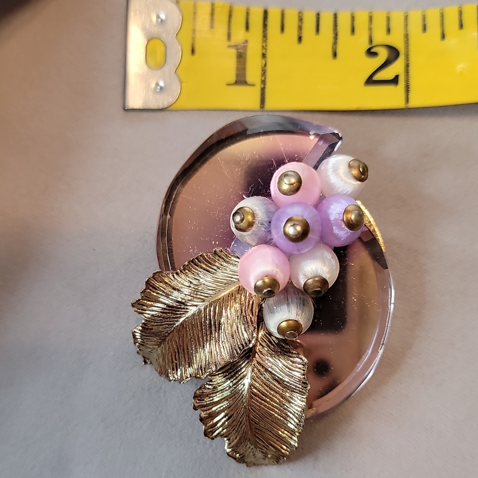Vtg 1950s Lavender Mirror Back Brooch Satin Silk Thread Wrapped Berry Grape Pin