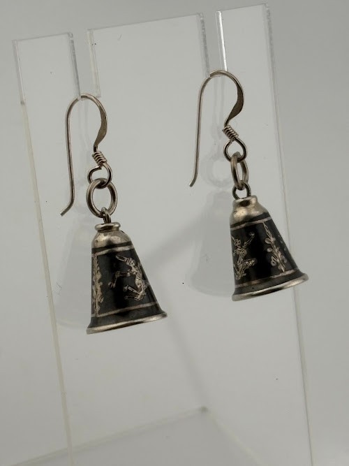 VINTAGE SIAM THAILAND STERLING SILVER NIELLO DANCER DROP EARRING ASIA 1.25″ 3087