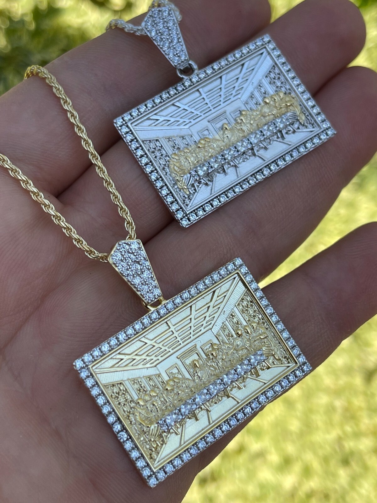 Solid 925 Silver Gold Plated Iced Jesus Last Supper Pendant Italy Necklace CZ