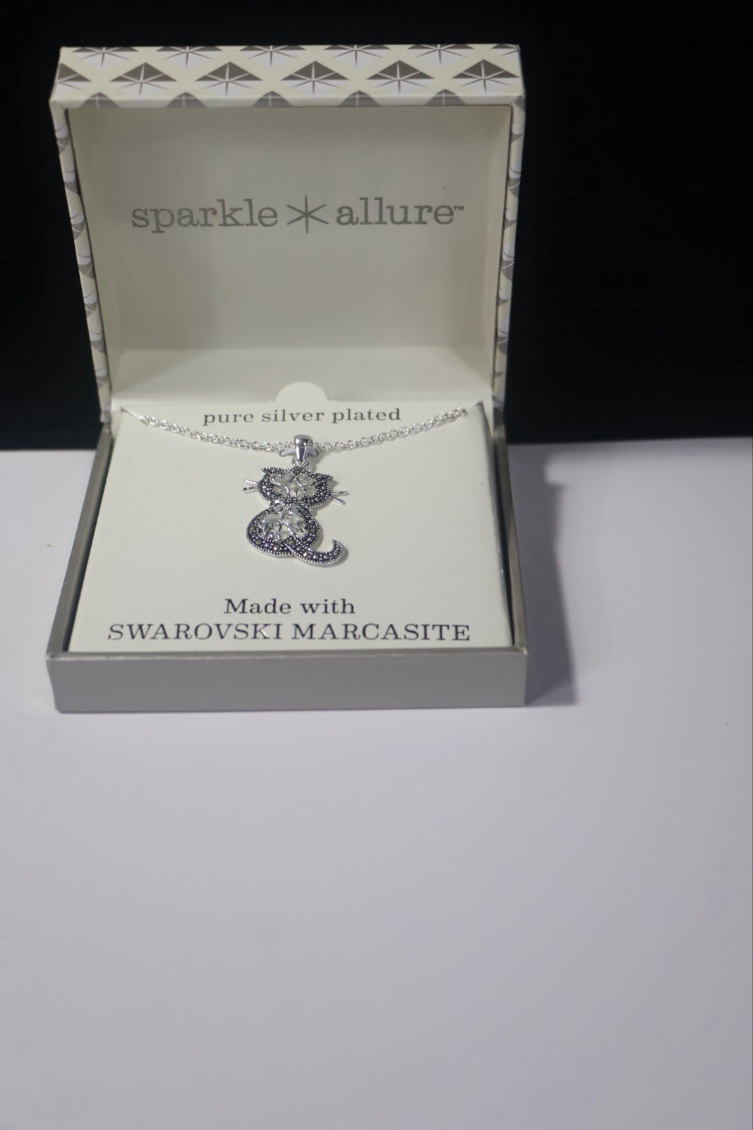 Sparkle Allure Silver Plated Cat Pendant Necklace With Swarovski Marcasite