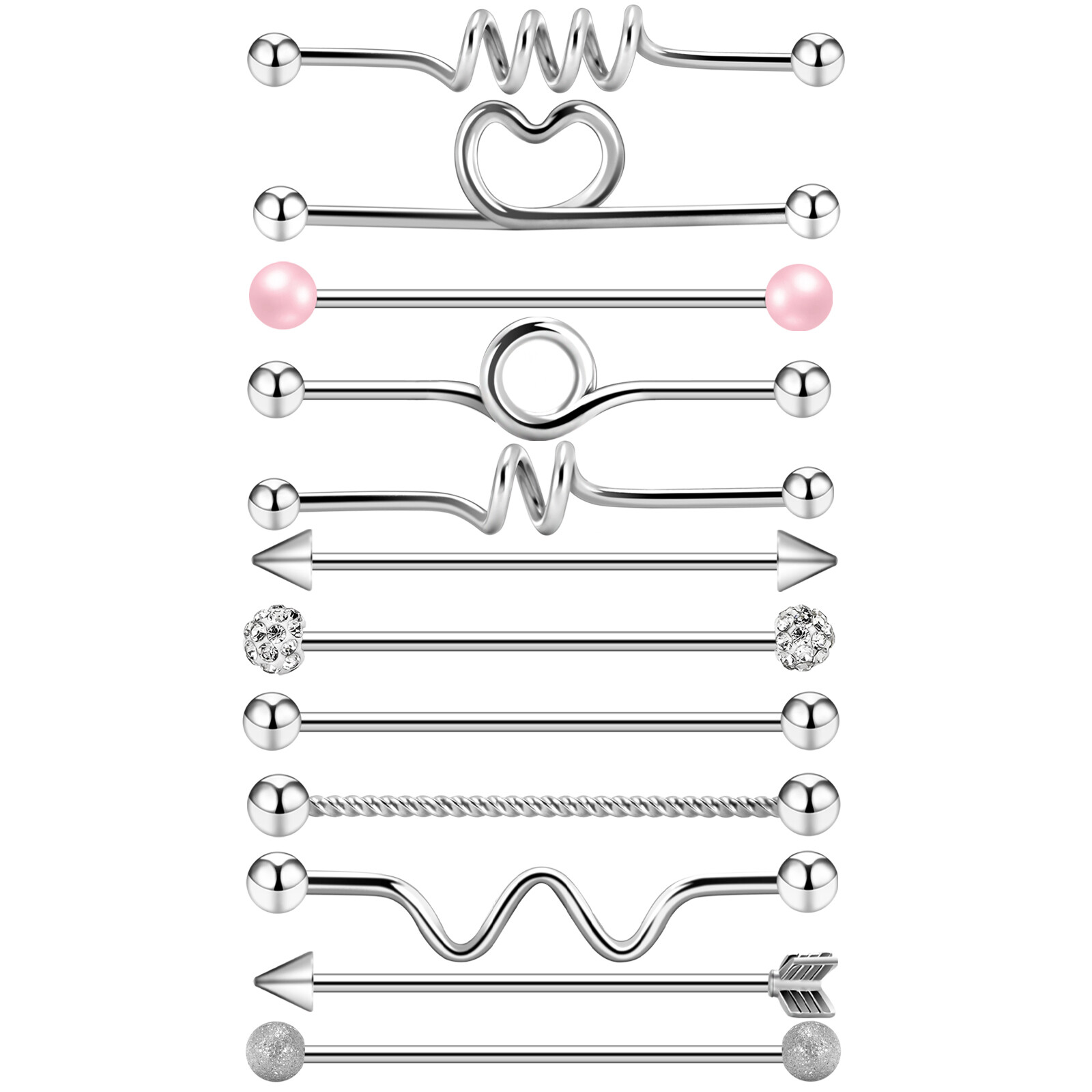 4-16Pcs Silver Steel Industrial Barbell Cartilage Earrings Body Piercing 14G 16G