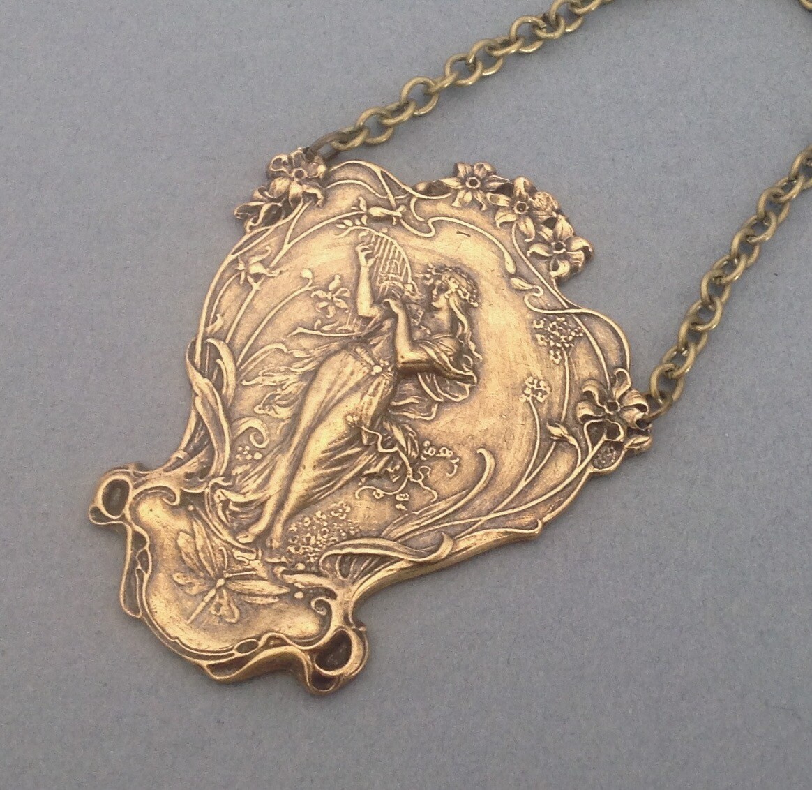 Goddess Necklace Art Nouveau Brass Muse W/ Harp Pendant Art Nouveau Jewelry