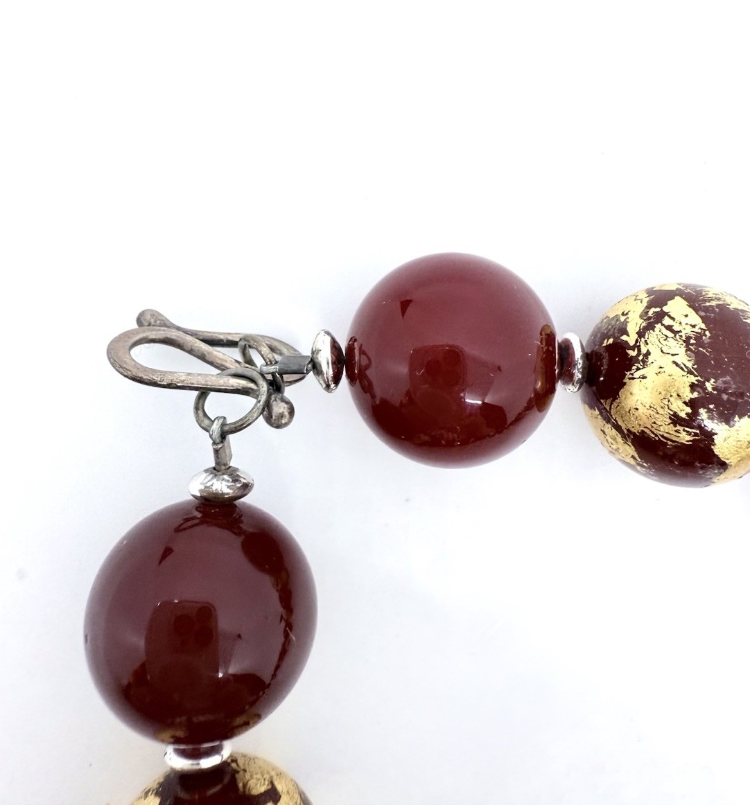 Chinese Export Sterling Silver Enameled Carnelian Bead Necklace Vintage Jewelry