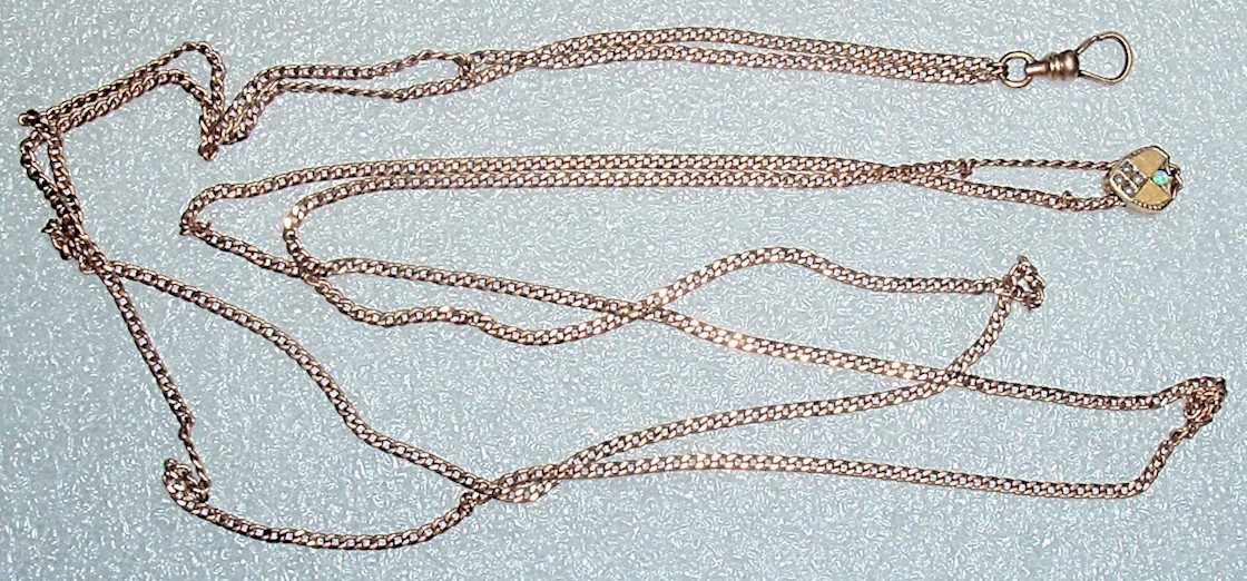 S.O.B. 12K GF Pocket Watch CHATELAINE CHAIN Seed PEARLS Fire OPAL 48″ 13.5grs