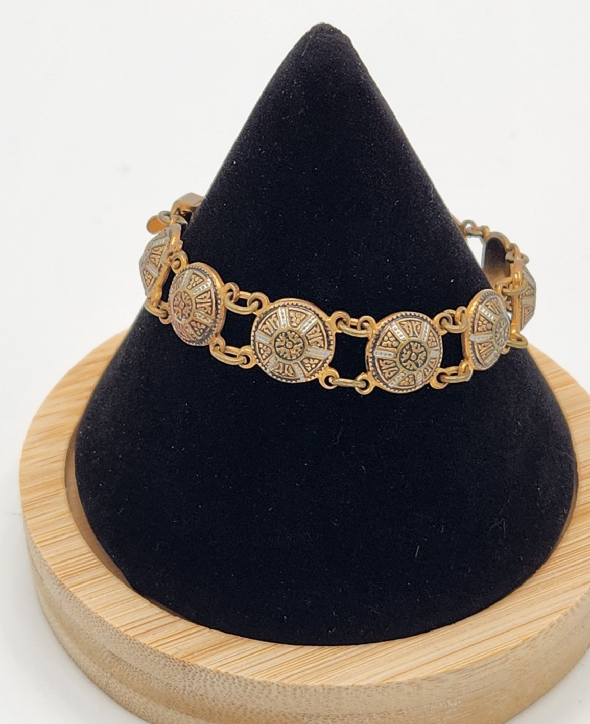 Vintage Spanish Damascene Round Panel Link Bracelet Toledo Style Gold Tone