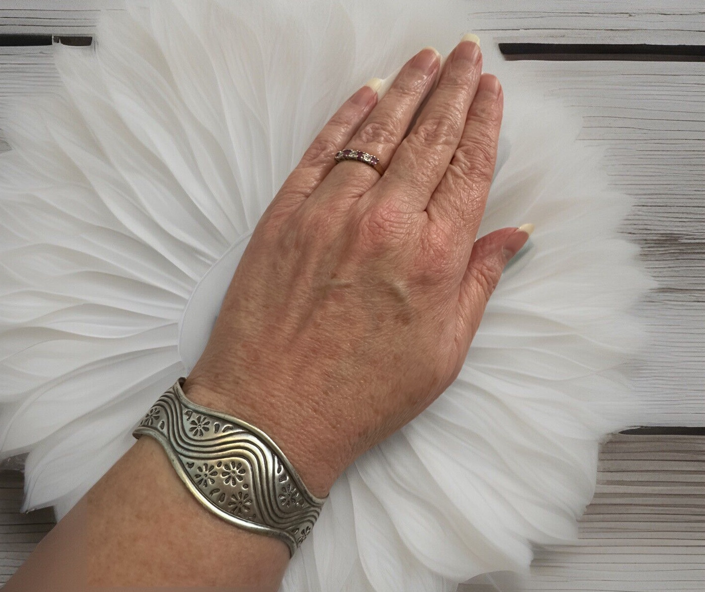 Retired Lia Sophia Garden Grove Cuff Matte Silver Tone Embossed Vintage Bracelet