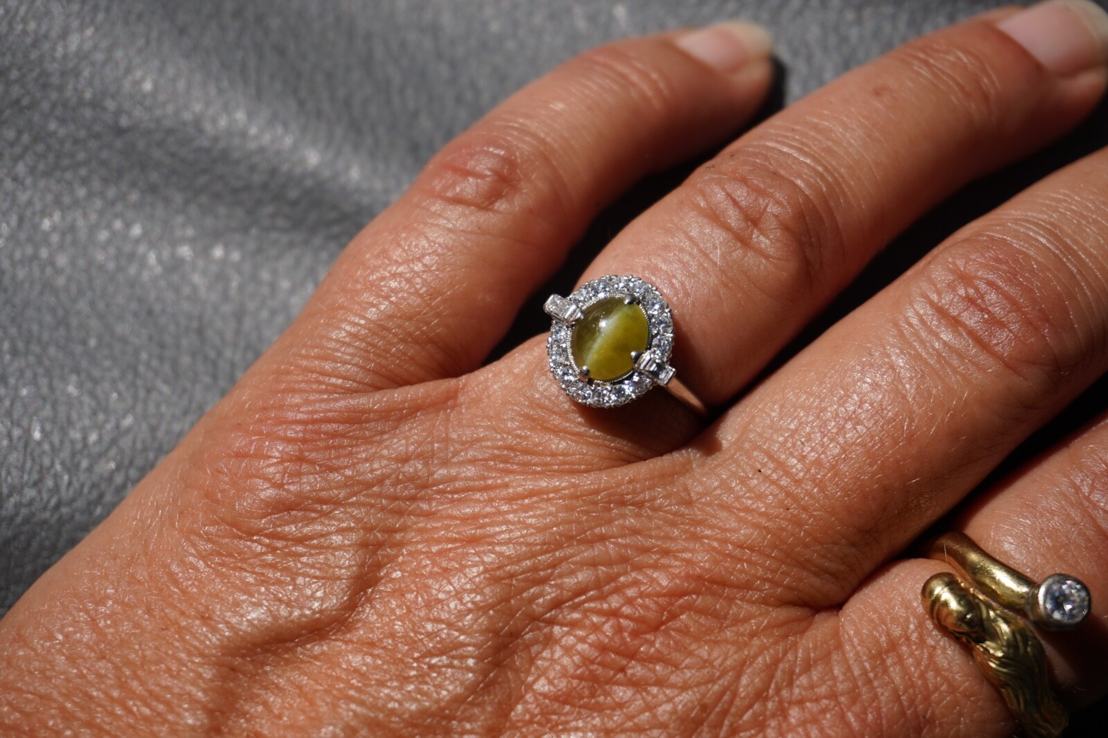Platinum Cats Eye Chrysoberyl and Diamond Halo Ring
