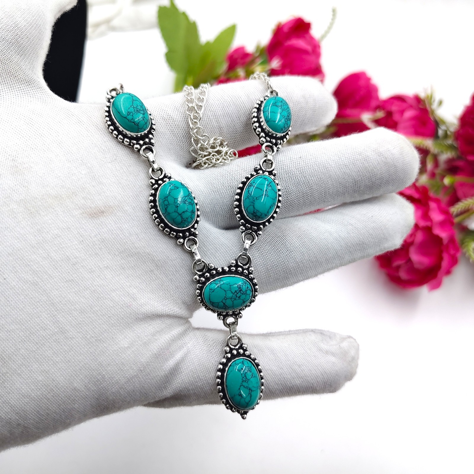 Blue Turquoise Gemstone Handmade 925 Sterling Silver Jewelry Necklace Sz-17-18″