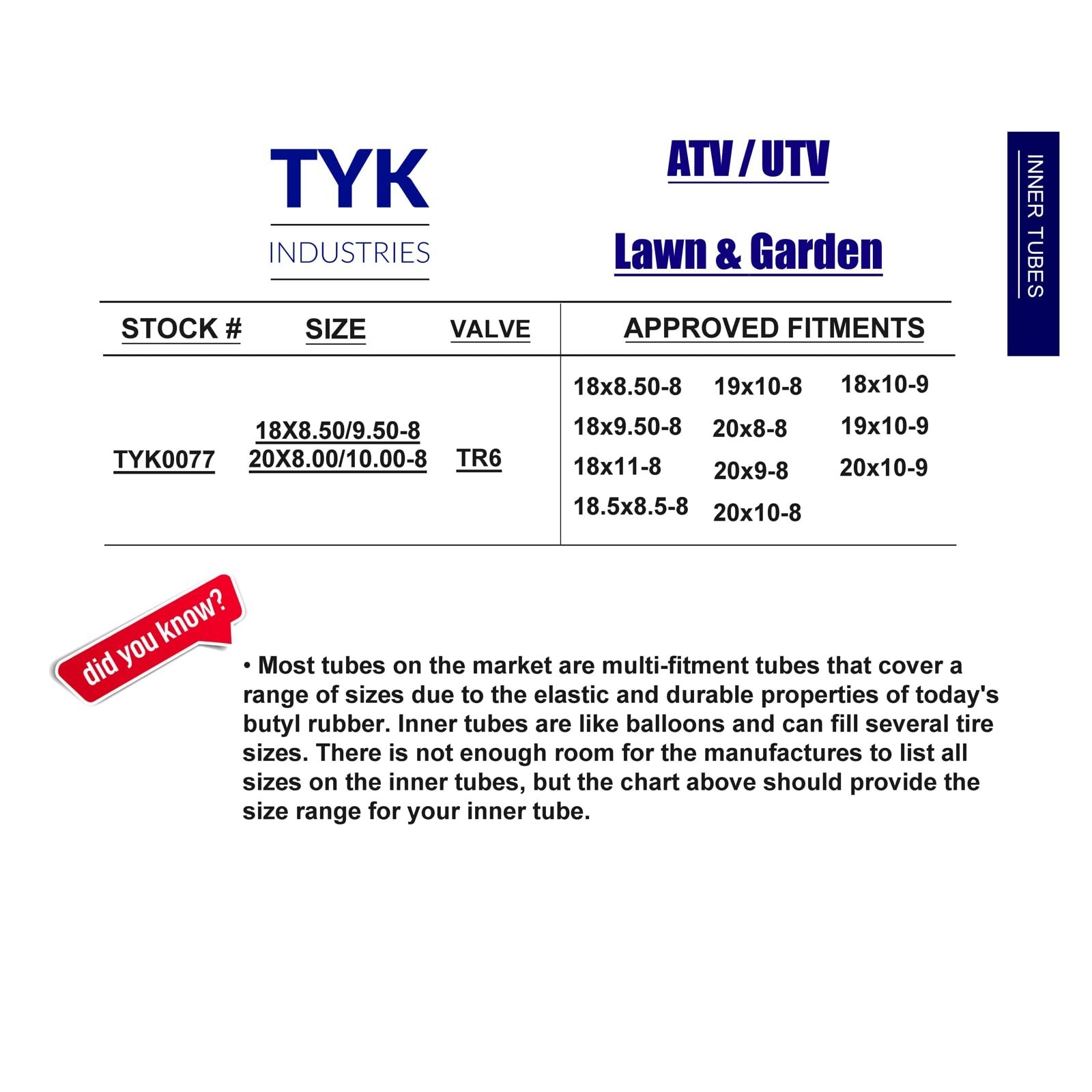 Pair of 2 TYK 20×10.00-8 20×10-8 ATV Tire Inner Tubes with Straight Metal TR6…