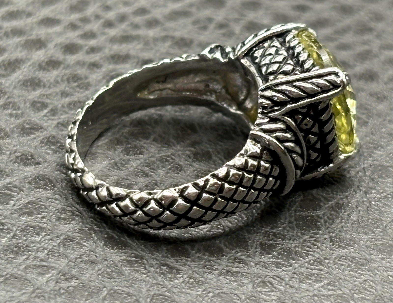 Designer Silver Tone Yellow CZ Faux Citrine Cushion Cut Ring Cable Woven Band 7