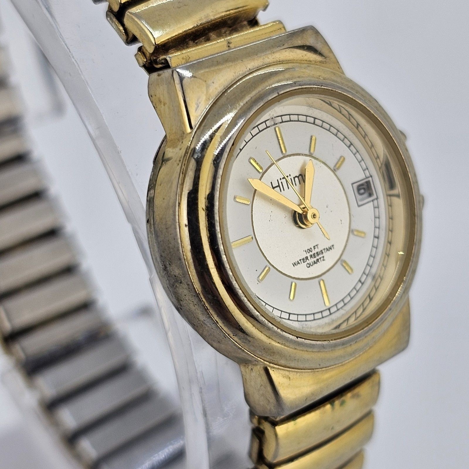 24MM Women’s Watch Gray Dial Gold Case Expandable Band Date 5.75″ New Battery