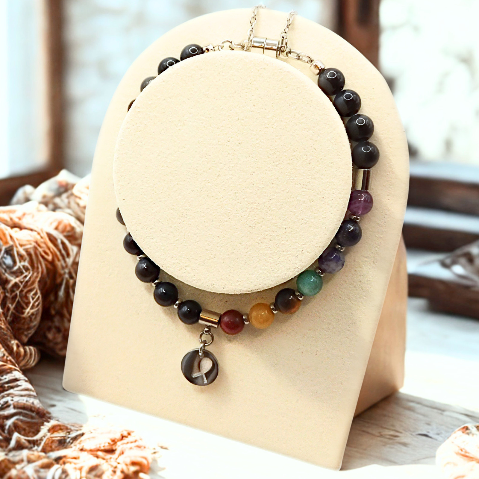 Black Tourmaline Steel Cancer Support Bracelet Chakra Healing Minimalist Design