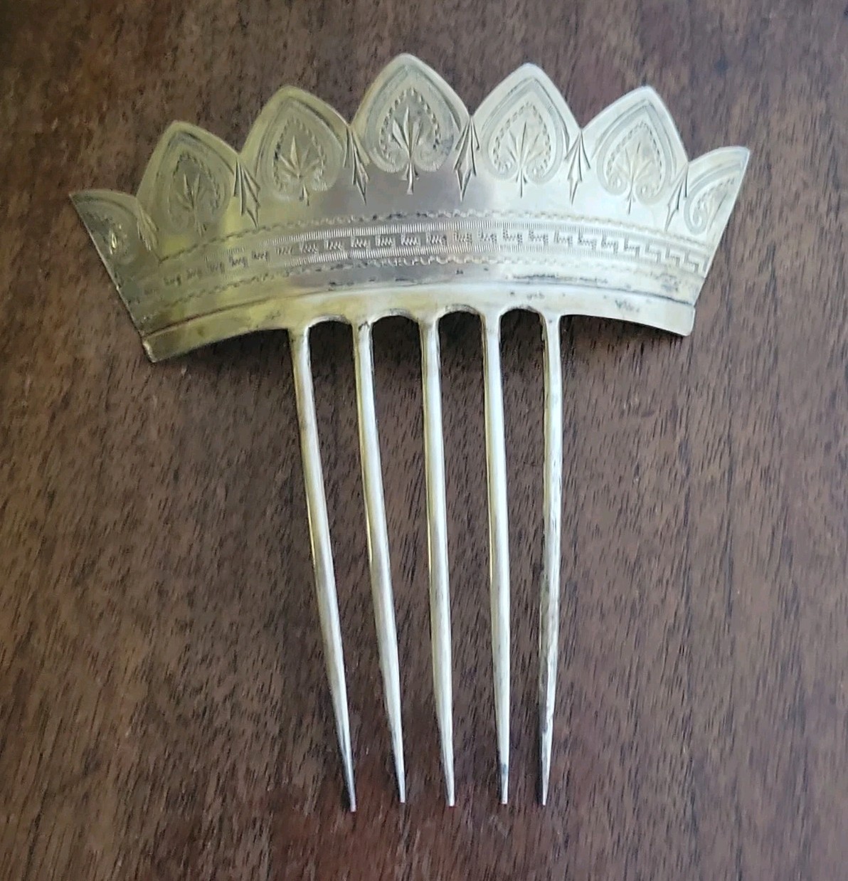 1870s KENNARD & JENKS Etched Sterling Silver HAIR COMB Palmette Leaf & Greek Key