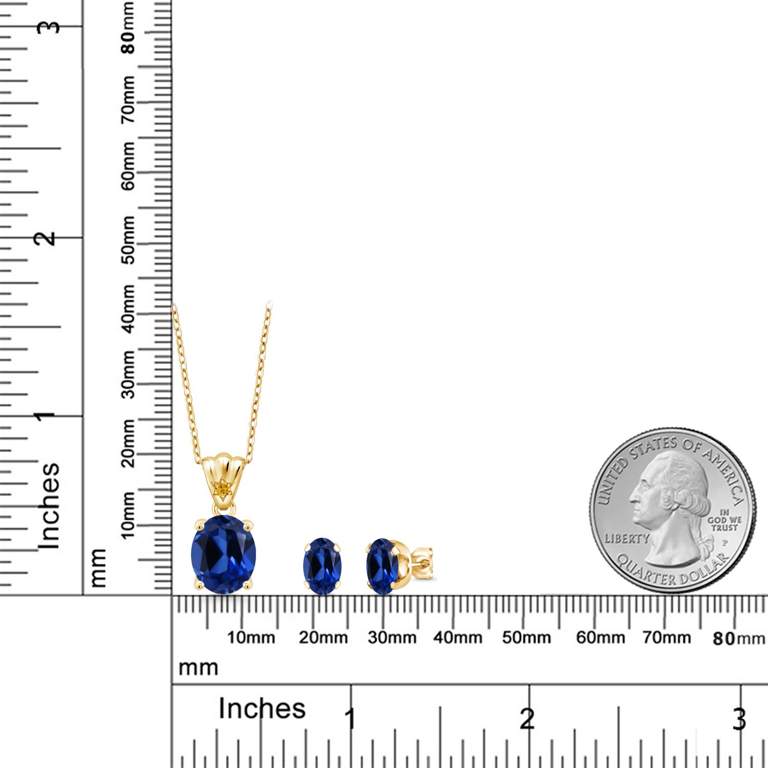 18K Yellow Gold Plated Silver Blue and Yellow Created Sapphire Pendant and
