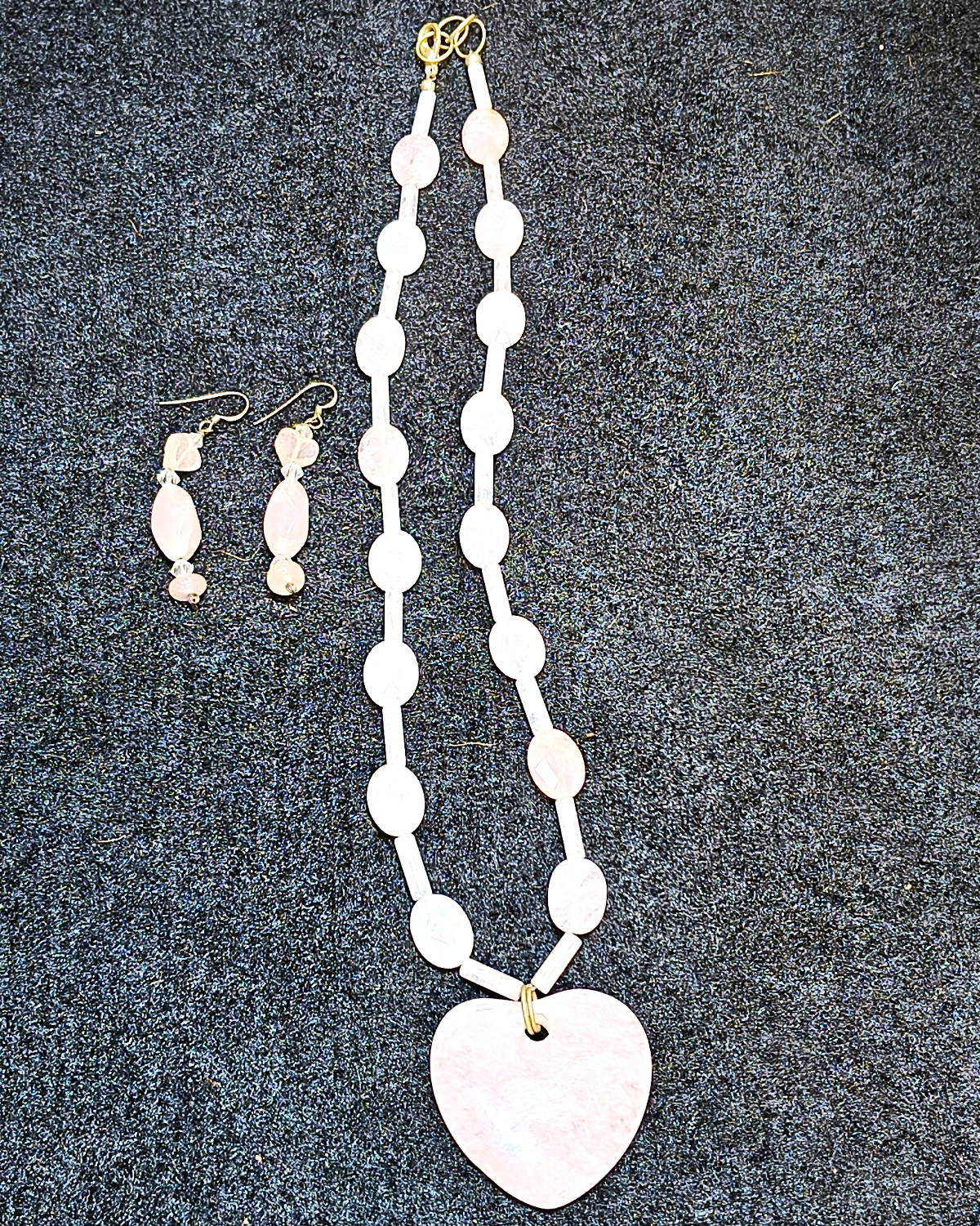 Pink Rose Quartz Heart Pendant Necklace & Dangle Earrings Jewelry Set