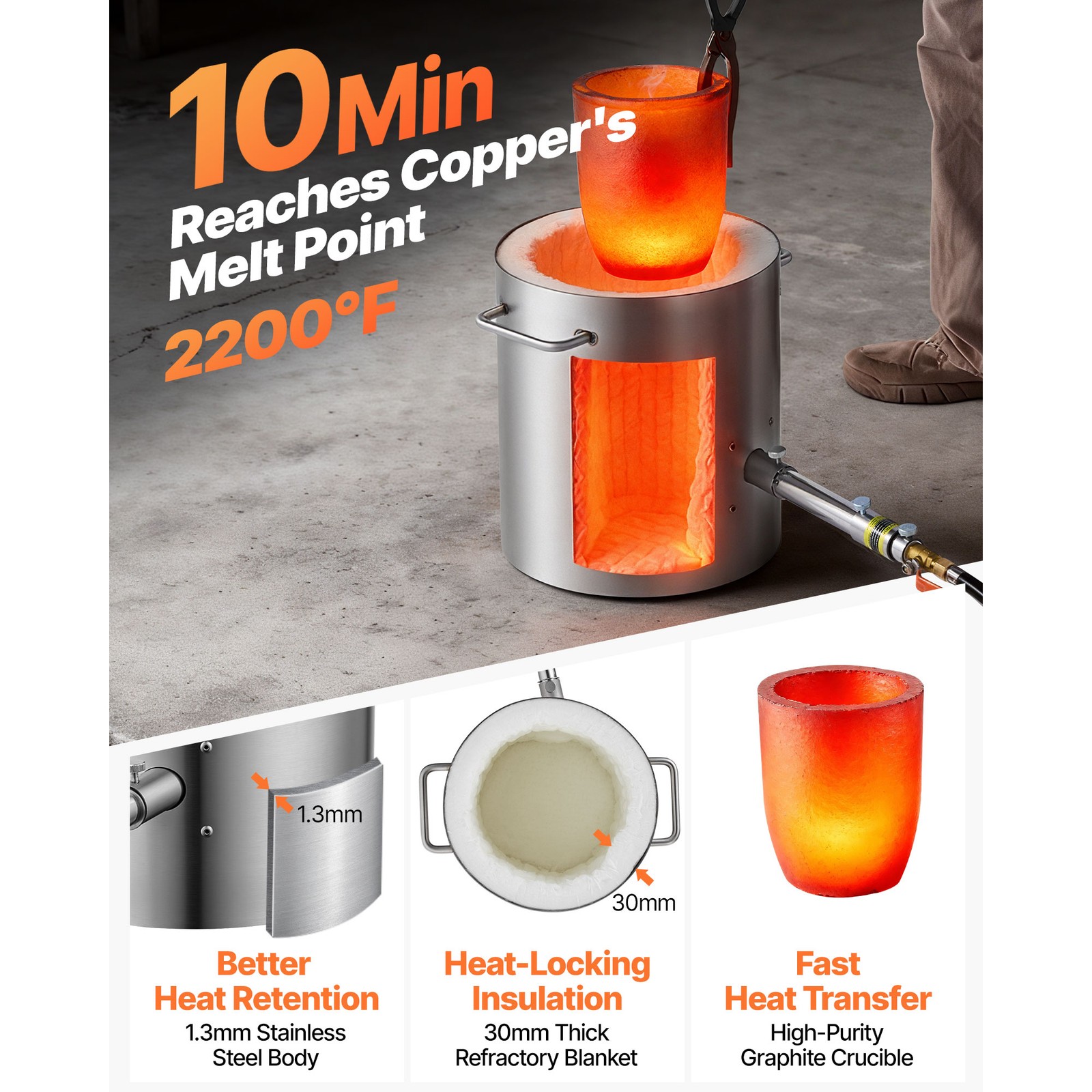 VEVOR Propane Melting Furnace Kit 8KG/18lbs with Crucible Tongs Metal Smelting