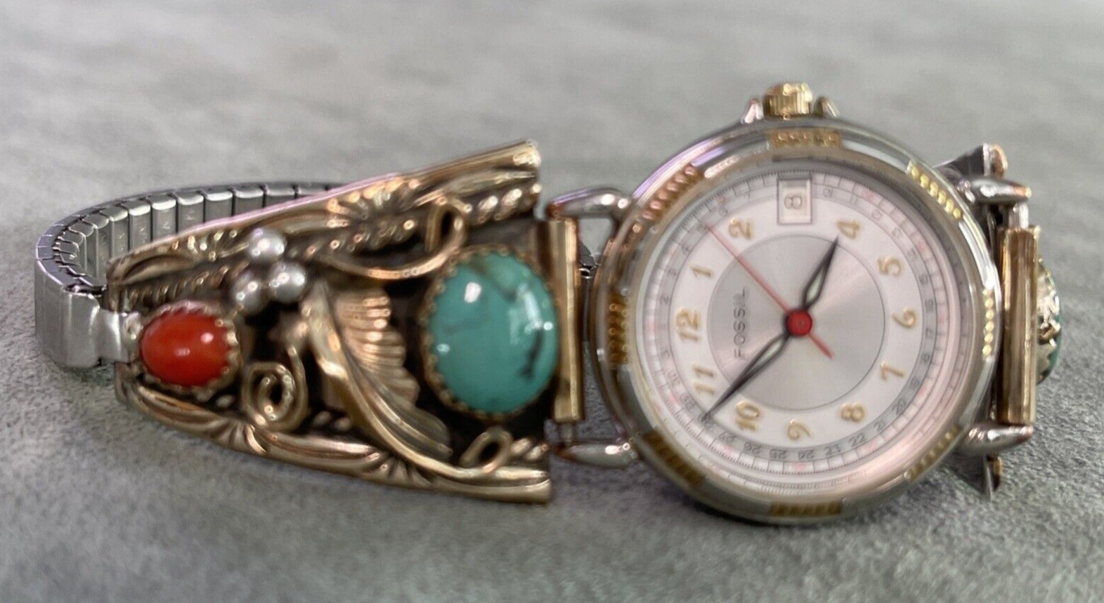 Vintage Roger Skeet Jr Turquoise Coral Watch Tips Sterling 12K Gold Filled Dine