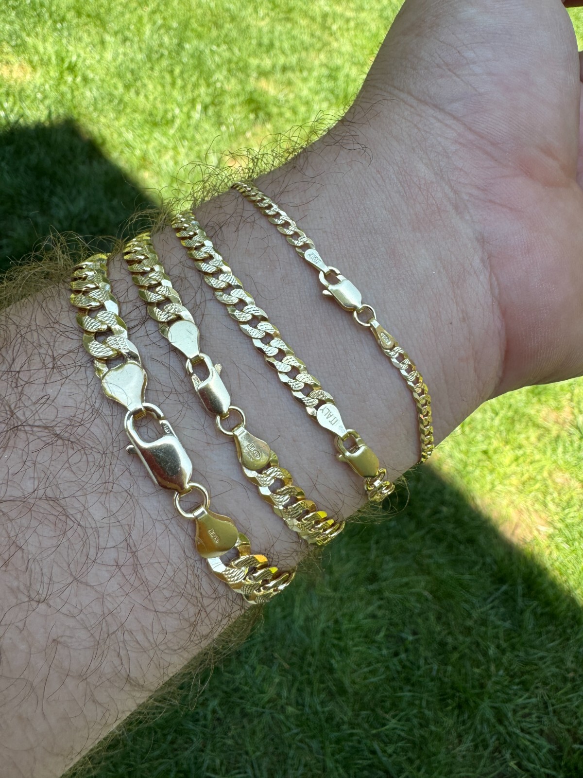Real 14k Gold Plated Solid 925 Silver Diamond Cut Flat Cuban Bracelet 4-8mm