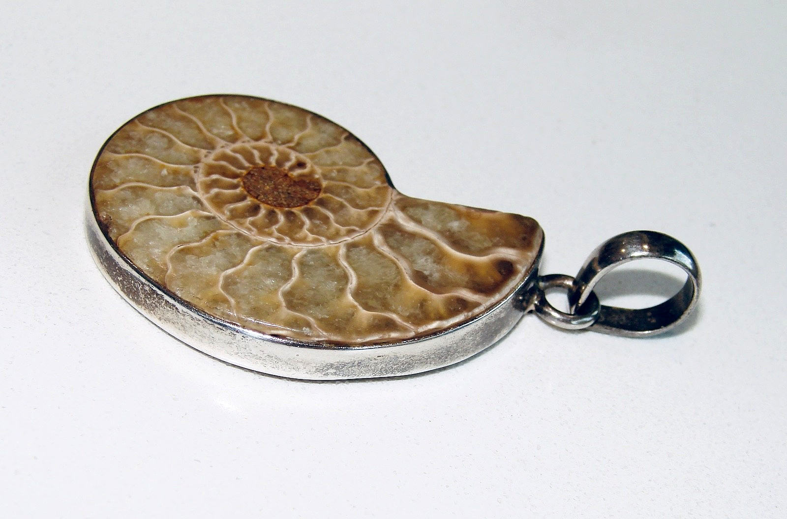 SAJEN 925 STERLING SILVER 925 AMMONITE BROWN SHELL FOSSIL 2.25” PENDANT SJ