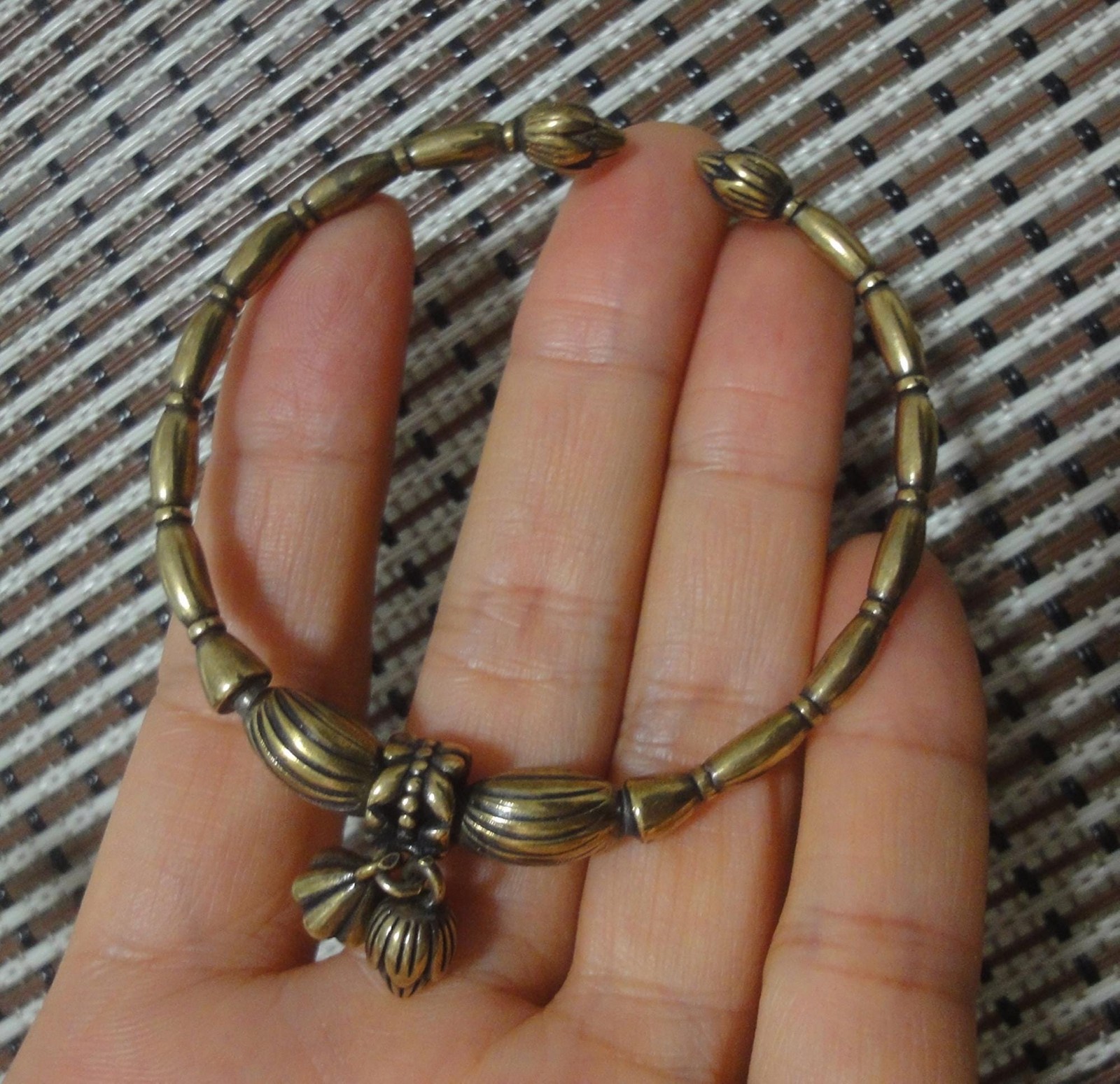 Vintage Knick Knacks Solid Brass Lotus Flower and Seed Dangle Bracelet Bangle