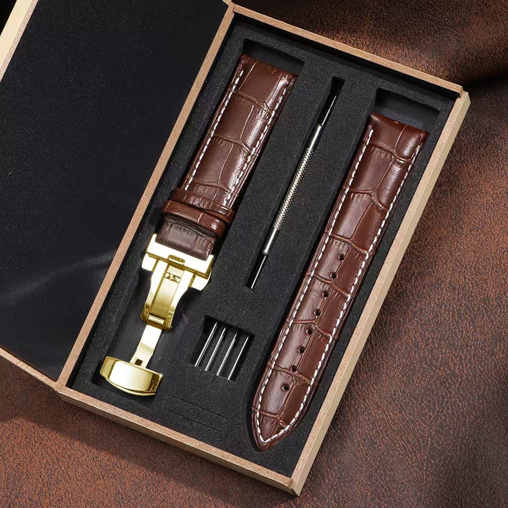Genuine Leather Watch Band High Quality Cowhide Strap Deployment Clasp 19-24mm