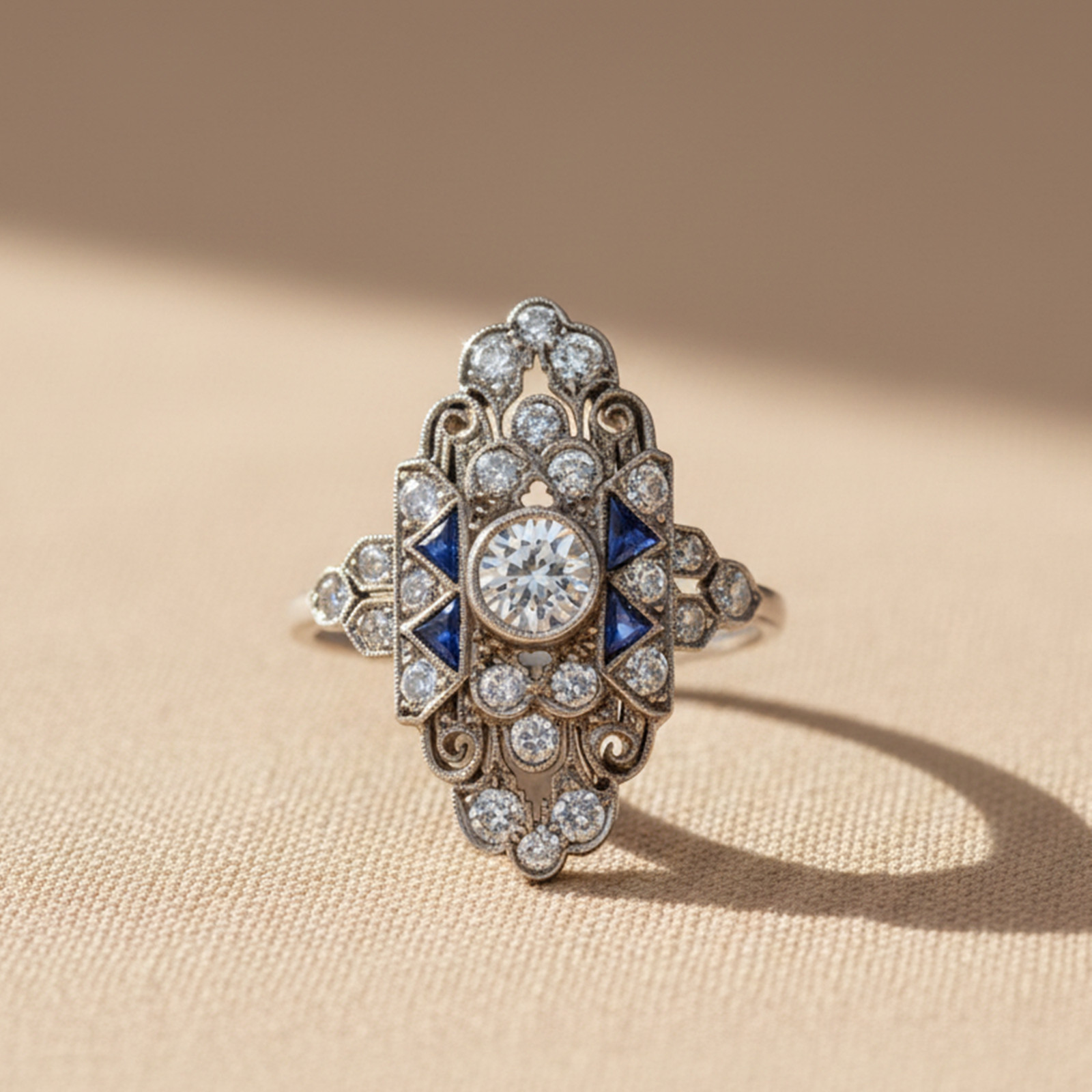 14K Gold Edwardian Bezel Set Round Cut Lab Created Diamond Filigree Dinner Ring