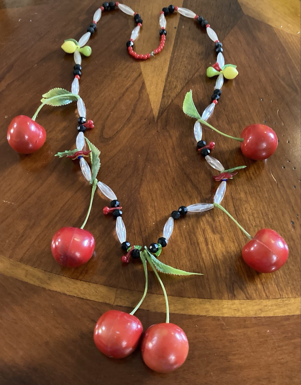 Vintg Cherry Dangle Necklace Red Lucite Early Plastic FruitSalad MCM 28” Kitschy